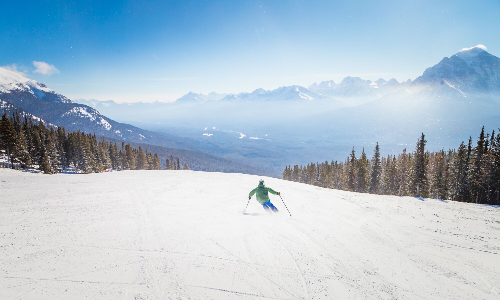 A skier goes down Charlie's Choice at the Lake Louise Ski Resort in Banff National Park.